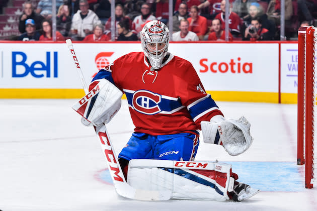 MONTREAL, QC - NOVEMBER 12: Carey Price #31 of the Montreal Canadiens protects his net during the NHL game against the Detroit Red Wings at the Bell Centre on November 12, 2016 in Montreal, Quebec, Canada. The Montreal Canadiens defeated the Detroit Red Wings 5-0. (Photo by Minas Panagiotakis/Getty Images)