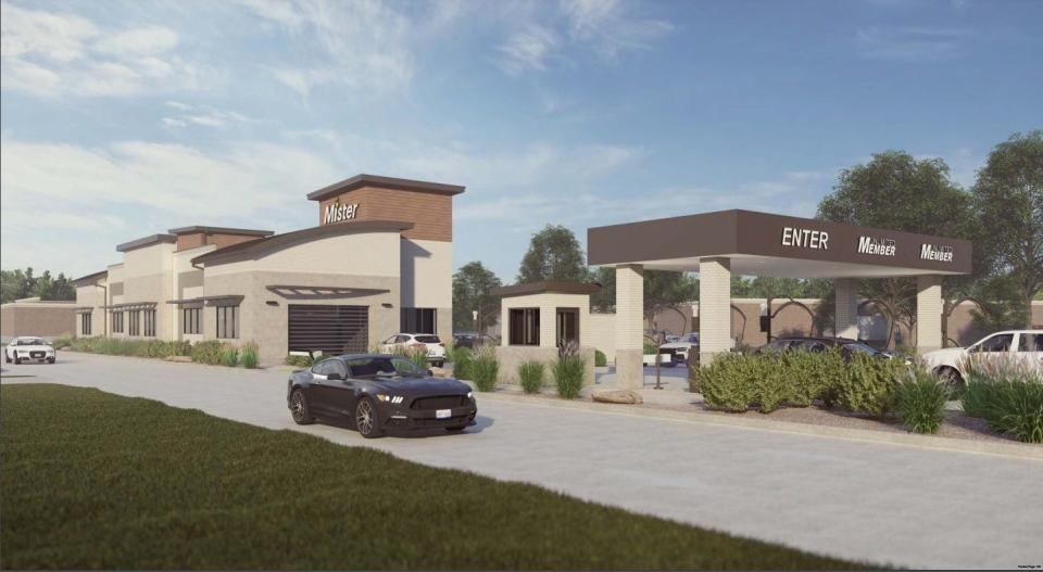 An architectural rendering shows plans for a new Mister Car Wash coming to S. Latson Road in Genoa Township.