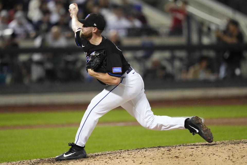 New York Mets' Sam Coonrod pitches during the ninth inning of a baseball game against the Los Angeles Angels, Friday, Aug. 25, 2023, in New York. (AP Photo/Frank Franklin II)