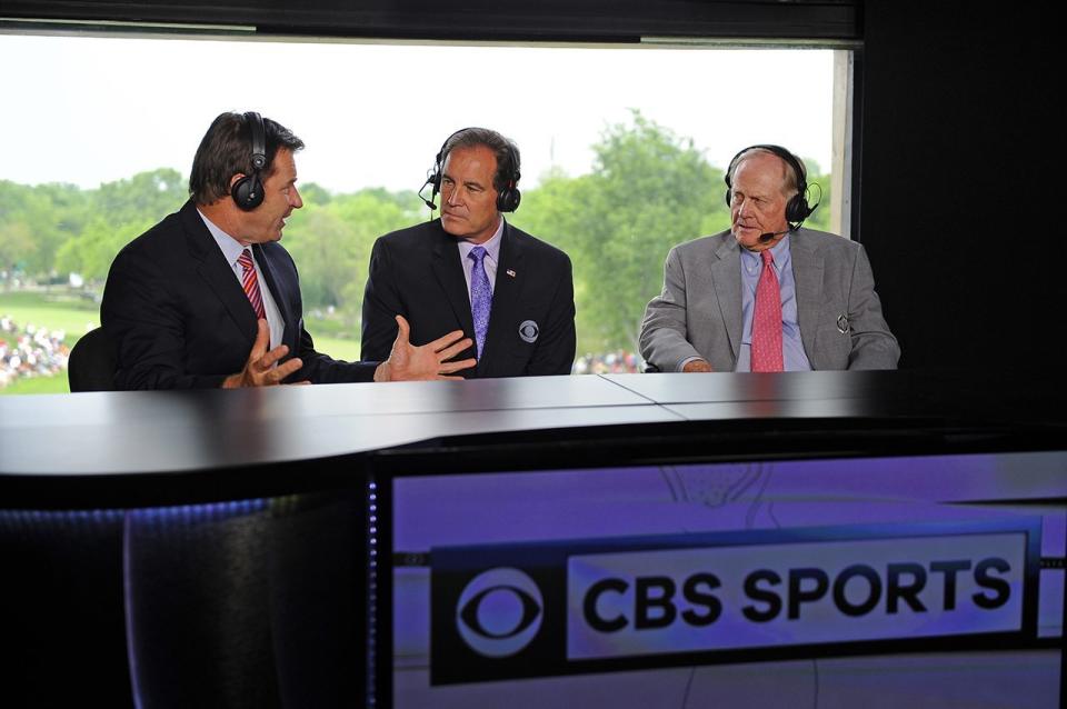 CBS' Nick Faldo (far left) and Jim Nantz (center) chat with Jack Nicklaus.