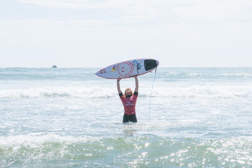 Caroline Marks of the United States after winning the 2023 World Title after Title Match 2 at the Rip Curl WSL Finals on Sept. 9, 2023 at Lower Trestles, California.