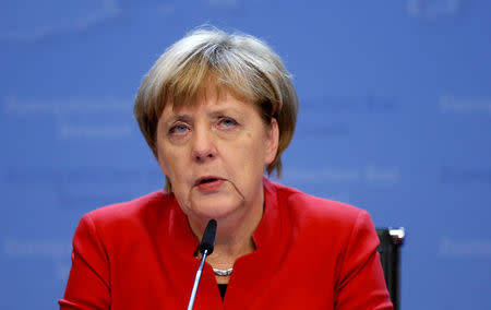 Germany's Chancellor Angela Merkel holds a news conference during a European Union leaders summit in Brussels, Belgium, October 21, 2016. REUTERS/Francois Lenoir