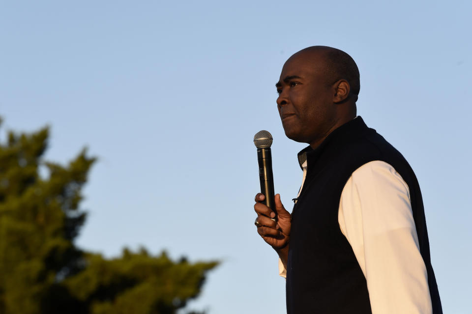 Democratic U.S. Senate candidate Jaime Harrison speaks at a campaign rally on Saturday, Oct. 17, 2020, in North Charleston, S.C. (AP Photo/Meg Kinnard)