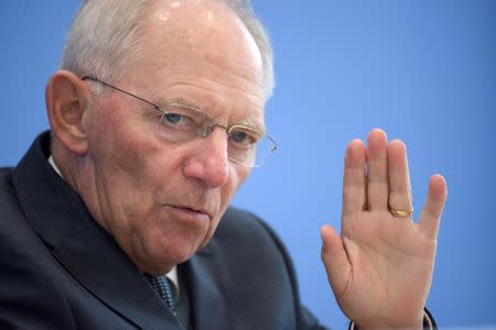 Finance Minister Wolfgang Schaeuble speaks at a news conference on 2017 budget and financial plan till 2020 in Berlin, Germany July 6, 2016. REUTERS/Stefanie Loos/File Photo