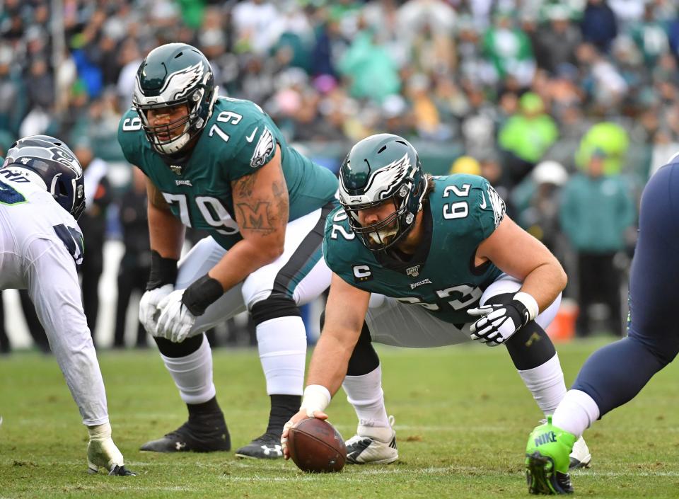 Nov 24, 2019; Philadelphia, PA, USA; Philadelphia Eagles offensive guard Brandon Brooks (79) and center Jason Kelce (62) against the Seattle Seahawks at Lincoln Financial Field. Mandatory Credit: Eric Hartline-USA TODAY Sports