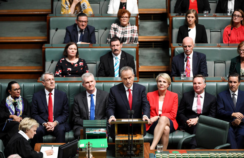 Bill Shorten delivers his budget reply. Image: Getty