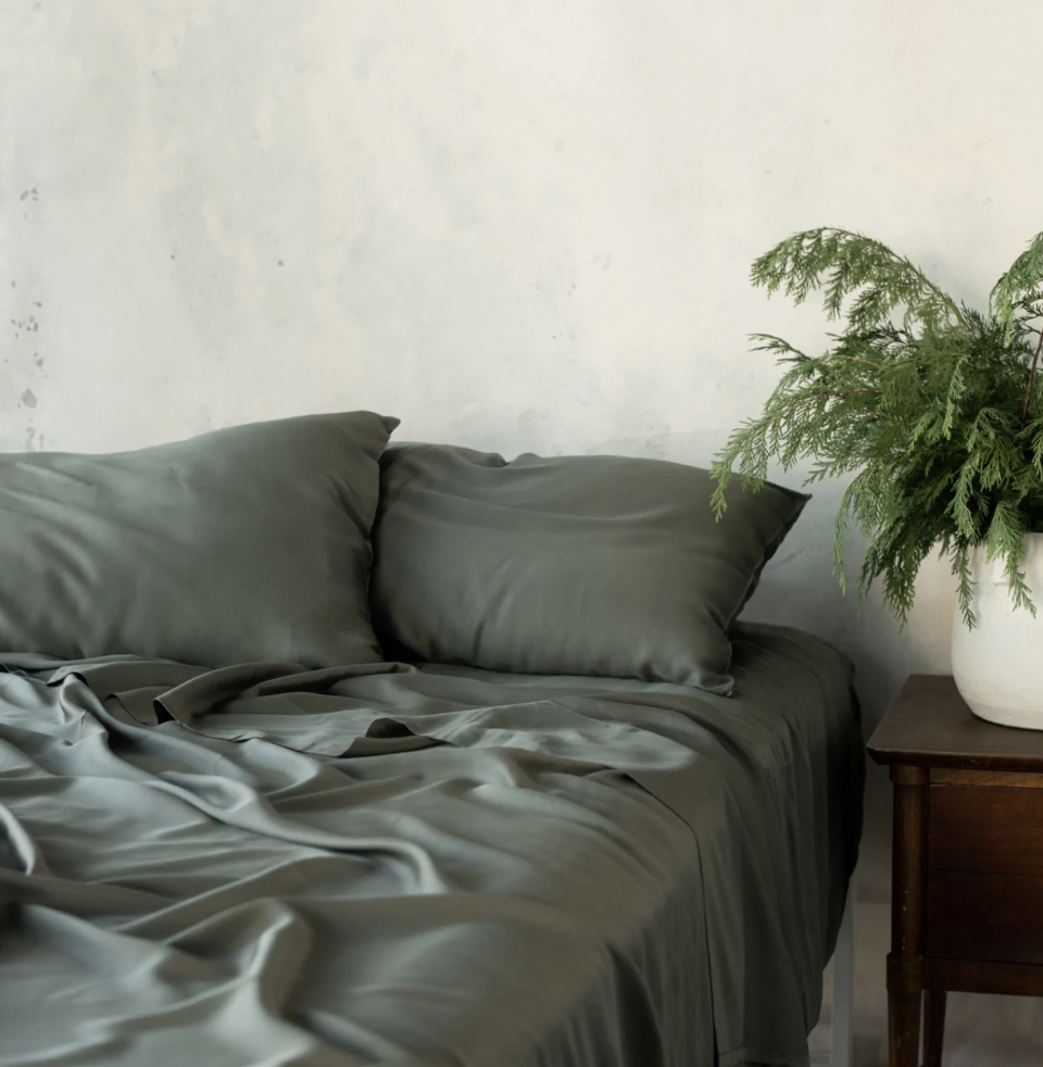 Bamboo Sheet Set in olive (Photo via Cozy Earth)