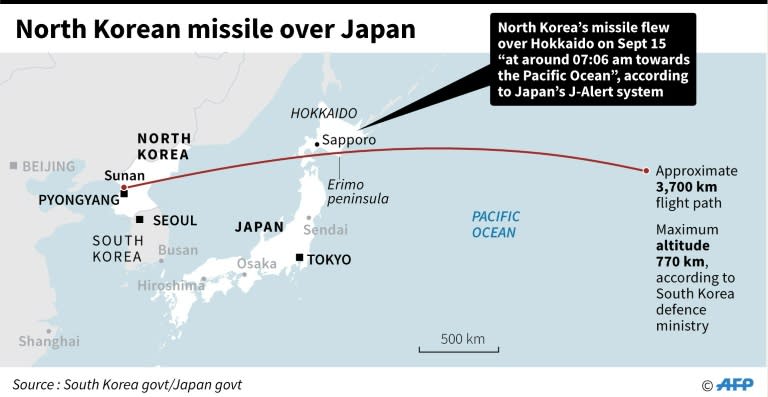 Map showing the approximate path of a missile launched by North Korea