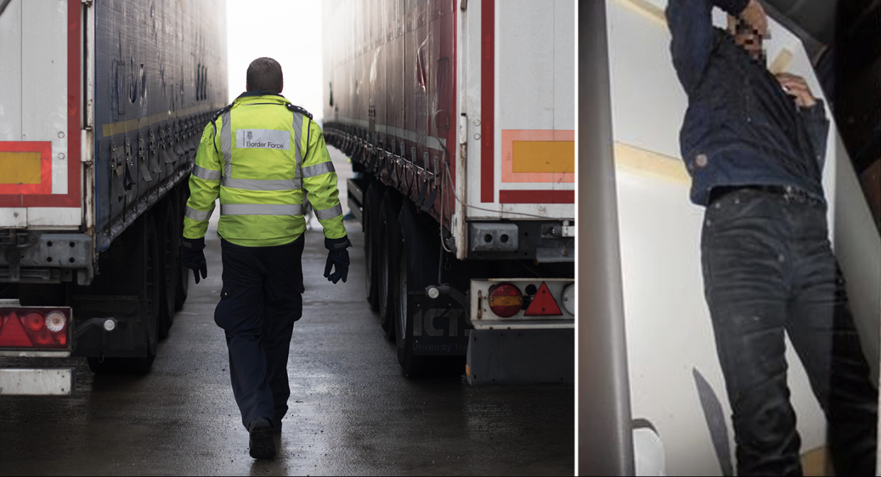 Left: Border Force staff check a lorry for migrants with CO2 testing technology at the Port of Tilbury in Essex (PA). Right: A 21-year-old man has been jailed for attempting to smuggle migrants into the UK - hidden inside sofas. (SWNS)
