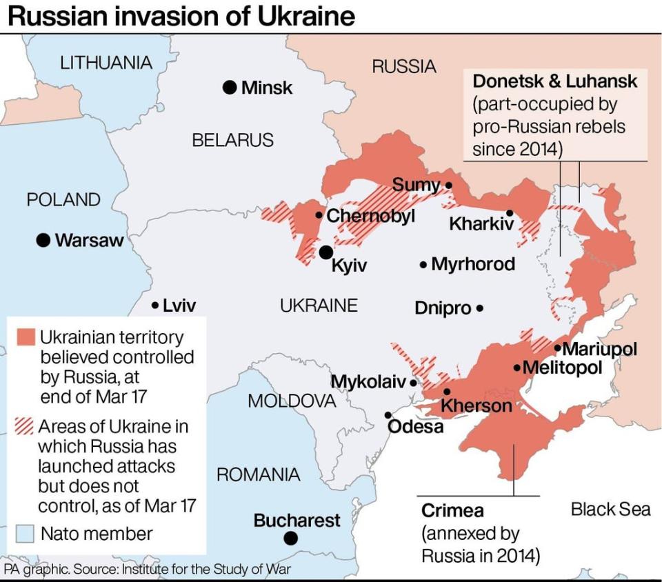 Russian invasion of Ukraine as of 17 March (PA Graphics)