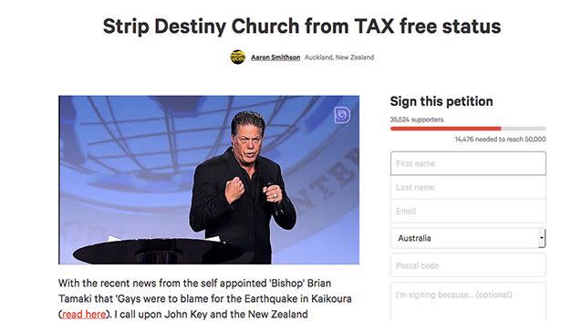 A petition to strip Destiny Church of tax-free status is gaining traction. Photo: Change.org