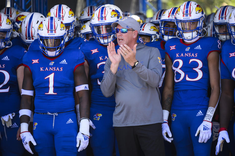 Kansas head coach Lance Leipold prepares to enter the field with his team before an NCAA college football game against Iowa State Saturday, Oct. 1, 2022, in Lawrence, Kan. (AP Photo/Reed Hoffmann)