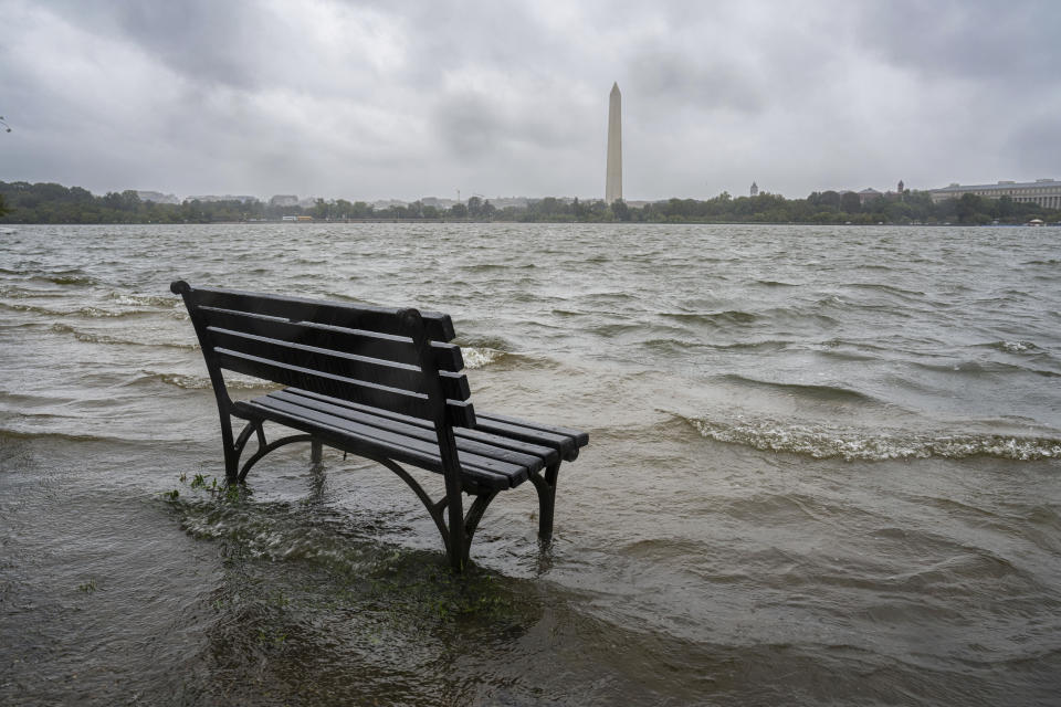 The Tidal Basin in Washington overflows the banks with rain from Tropical Storm Ophelia, Saturday, Sept. 23, 2023, as the National Weather Service issued a coastal flooding warning for the area. (AP Photo/J. David Ake)