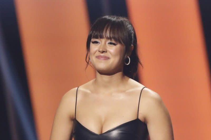 Hayley Orrantia presents the award for Vocal Duo of the Year at the 55th Annual CMA Awards at Bridgestone Arena in Nashville on November 10, 2021. The actor turns 30 on February 21. File Photo by John Angelillo/UPI