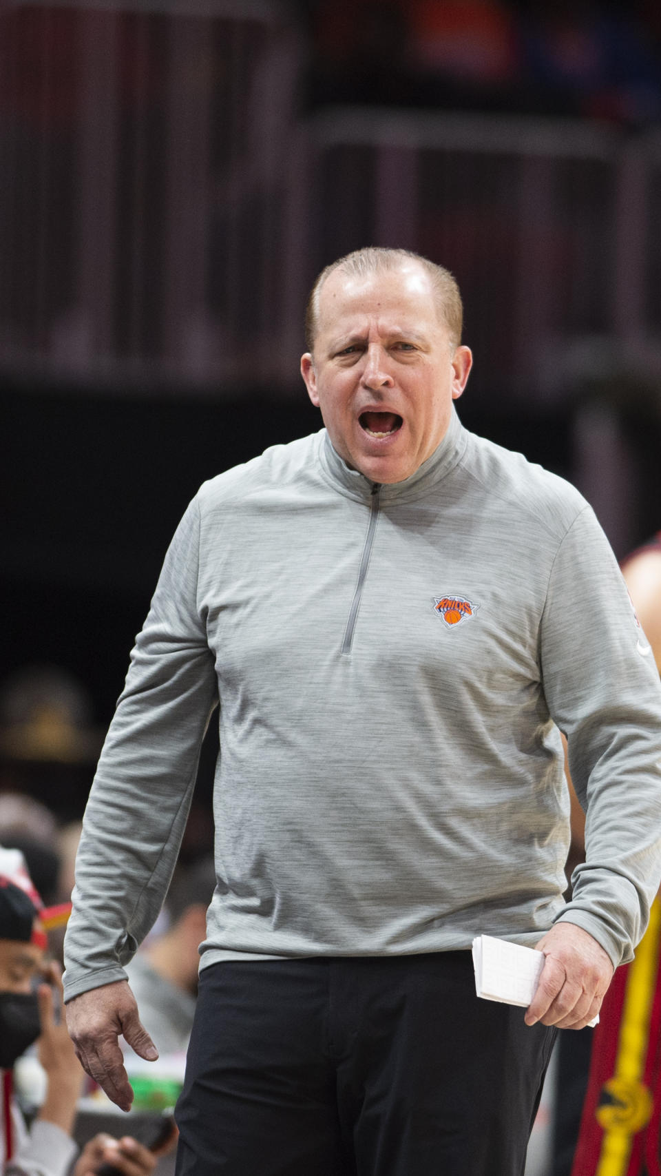 New York Knicks head coach Tom Thibodeau yells during the first half of an NBA basketball game against the Atlanta Hawks Saturday, Nov. 27, 2021, in Atlanta. (AP Photo/Hakim Wright Sr.)