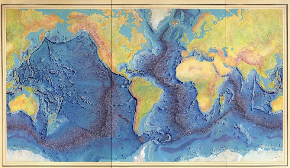 Hand-painted rendition of Heezen-Tharp 1977 ‘World ocean floor’ map, by Heinrich Berann. <a href="https://www.loc.gov/resource/g9096c.ct003148/" rel="nofollow noopener" target="_blank" data-ylk="slk:Library of Congress, Geography and Map Division;elm:context_link;itc:0;sec:content-canvas" class="link ">Library of Congress, Geography and Map Division</a>, <a href="http://creativecommons.org/licenses/by-nd/4.0/" rel="nofollow noopener" target="_blank" data-ylk="slk:CC BY-ND;elm:context_link;itc:0;sec:content-canvas" class="link ">CC BY-ND</a>