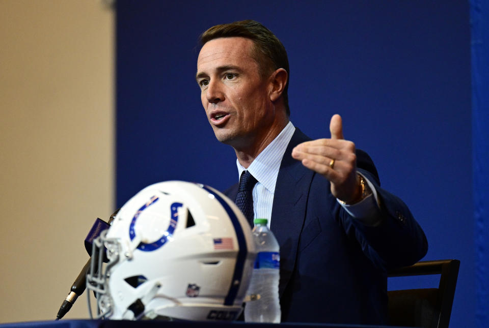 Mar 22, 2022; Indianapolis, IN, USA; Indianapolis Colts Quarterback Matt Ryan (2) holds a press conference to announce his joining of the team at Indiana Farm Bureau Football Center. Mandatory Credit: Marc Lebryk-USA TODAY Sports