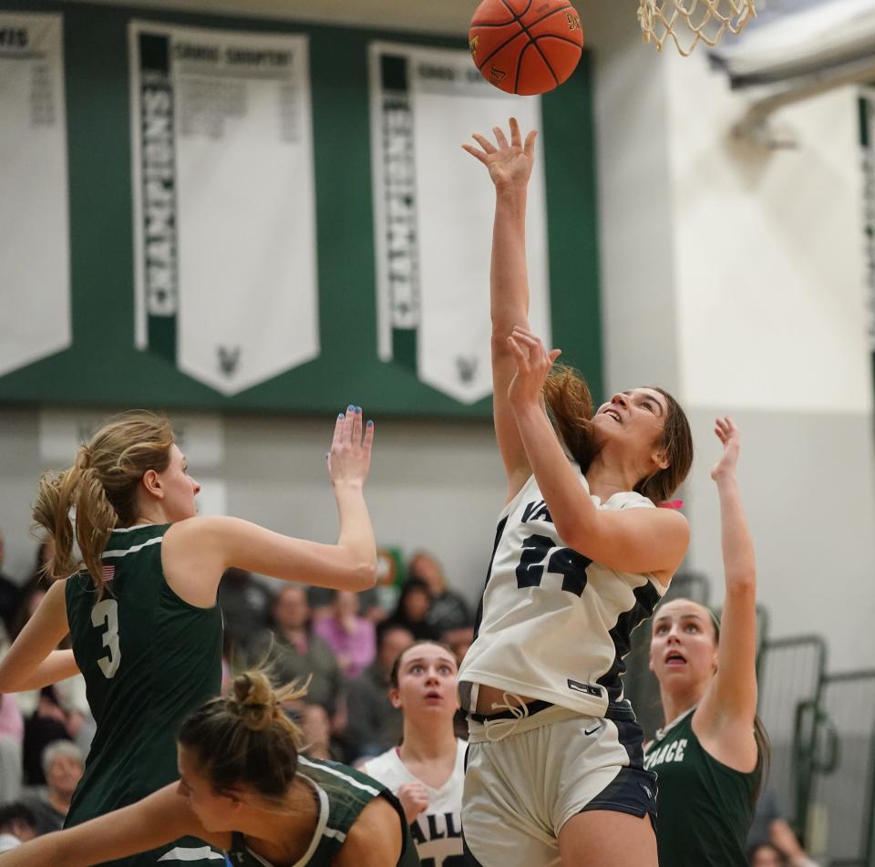 Putnam Valley's Jona Kabashi (24) goes up for a shot during the NYSPHSAA girls basketball Class B regional final against Carle Place at Yorktown High School in Yorktown Heights on Saturday, March 9, 2024.