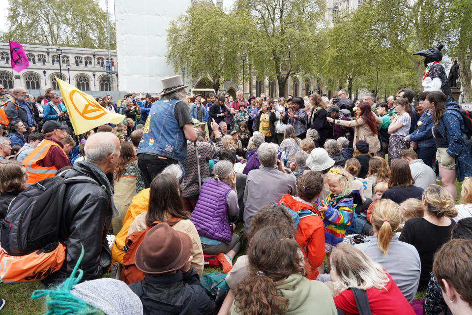 Following a request from a group of Extinction Rebellion protestors, Diane Abbott came to talk to a small group on the lawn outside Westminster Palace. (PA)