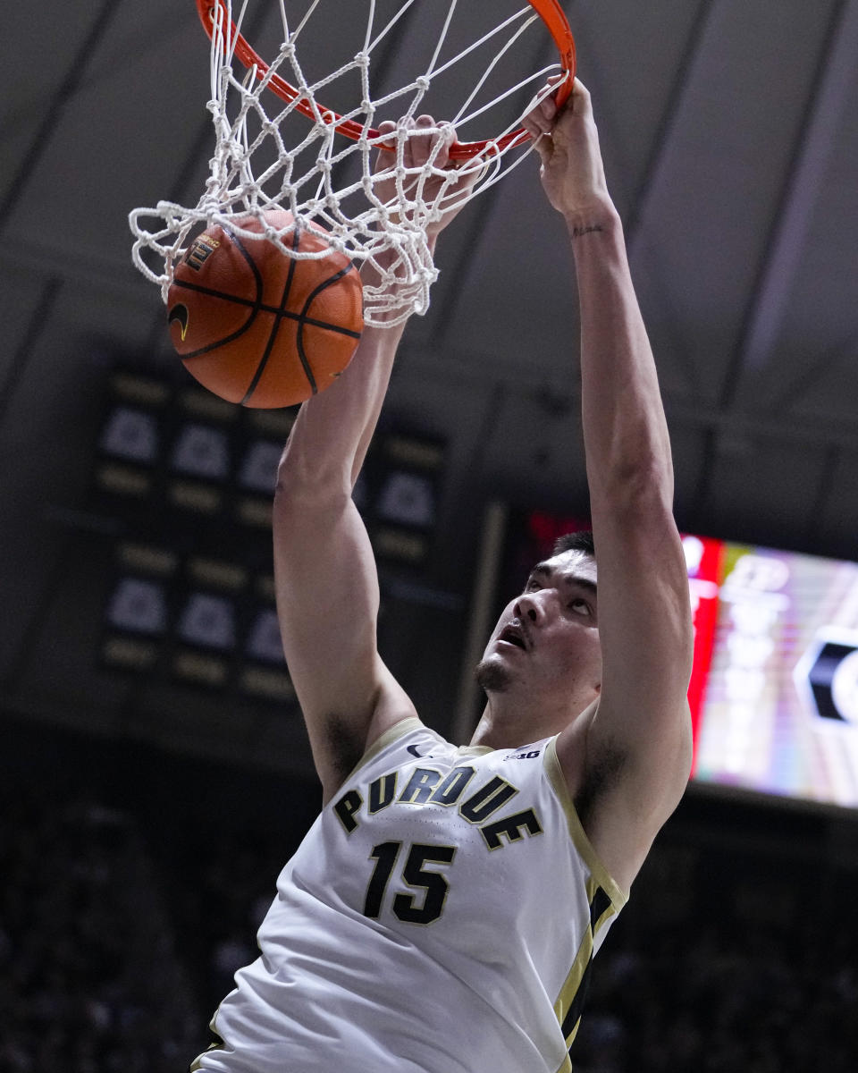 Purdue center Zach Edey (15) gets a basket on a dunk against Samford during the second half of an NCAA college basketball game in West Lafayette, Ind., Monday, Nov. 6, 2023. (AP Photo/Michael Conroy)