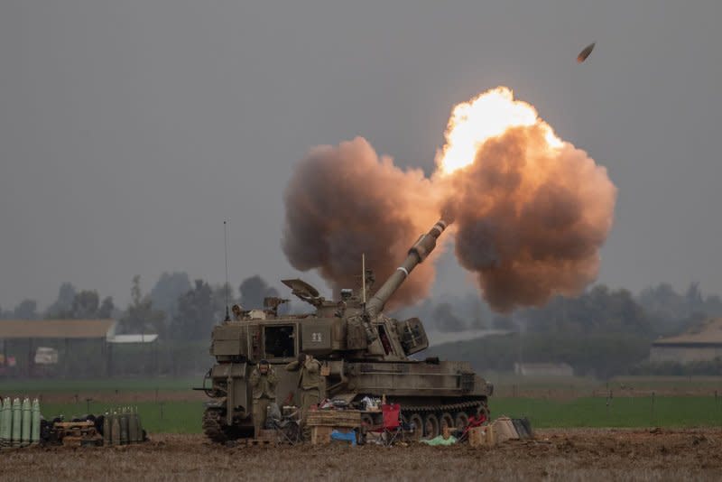 An Israeli IDF 155mm self-propelled Howitzer fires a shall from a base in southern Israel into the Gaza Strip on Thursday. U.S. national security adviser Jake Sullivan was traveling to Israel to meet with leaders amid mounting pressure for a cease-fire to stem civilian deaths. Photo by Jim Hollander/UPI