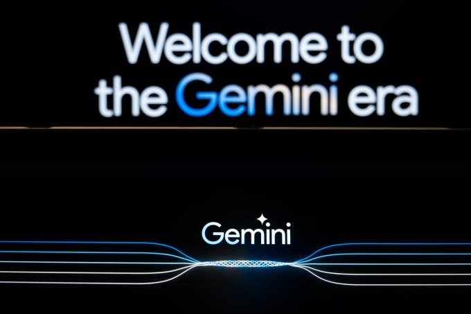 In this photo illustration a Gemini logo and a welcome message on Gemini website are displayed on two screens.