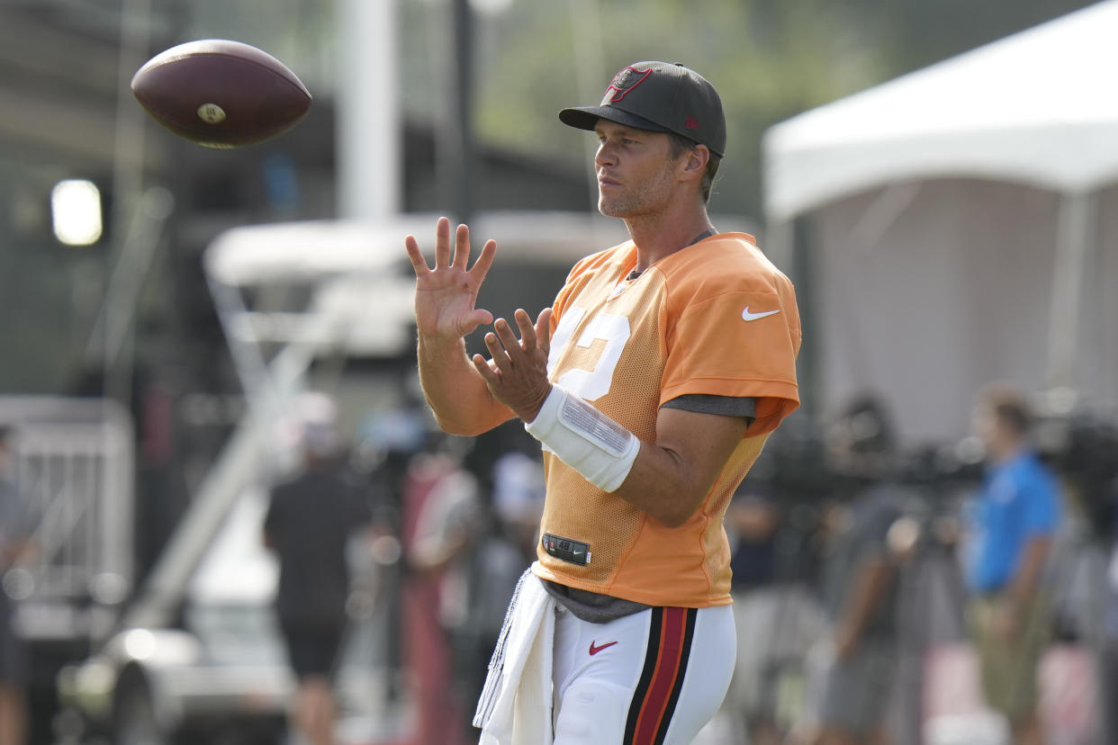 Tampa Bay Buccaneers quarterback Tom Brady during an NFL football training camp practice Wednesday, Aug. 10, 2022, in Tampa, Fla. (AP Photo/Chris O'Meara)