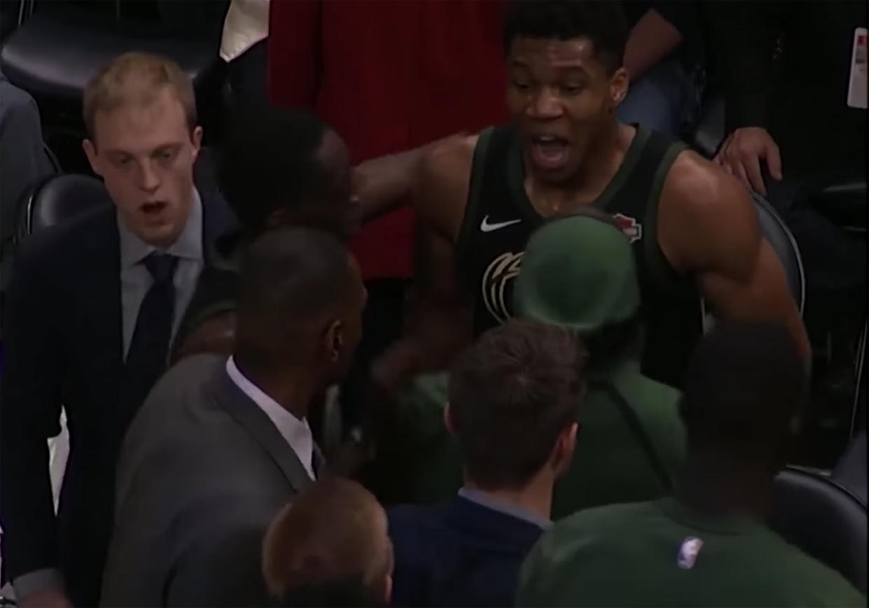 Giannis Antetokounmpo gets mad. (Screen shot via NBA)