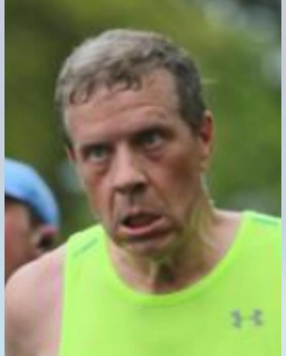 Bob Goudreau sporting his self-described “runner’s face,” during a recent quest to qualify for the Boston Marathon -- a diversion from pointing out News & Observer errors.
