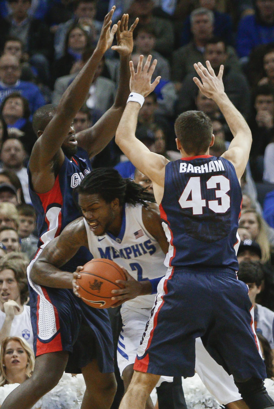 Memphis forward Shaq Goodwin (2) tries to break away from Gonzaga guard Drew Barham (43) and Sam Dower, Jr., back, in the first half of an NCAA college basketball game Saturday, Feb. 8, 2014, in Memphis, Tenn. (AP Photo/Lance Murphey)