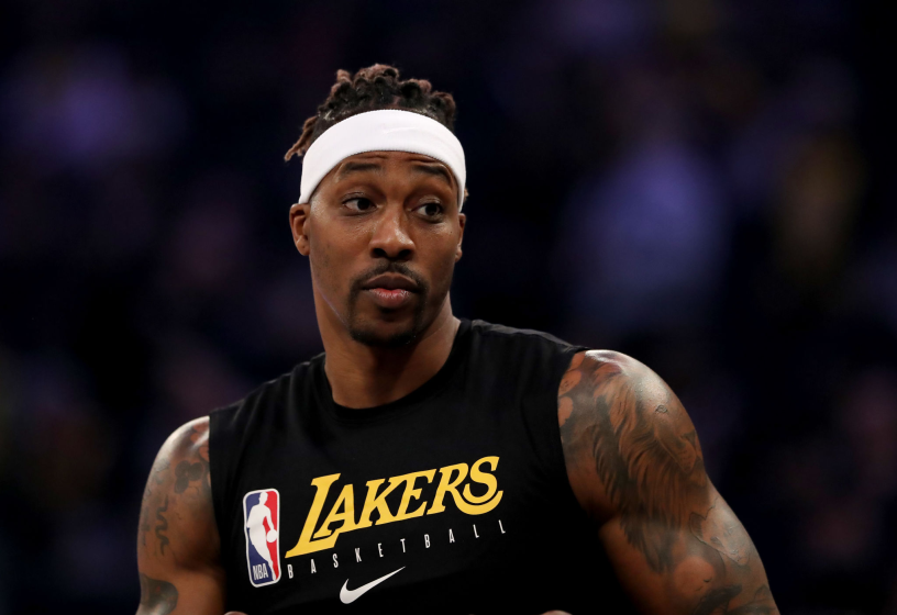 Lakers forward Dwight Howard warms up before a game.