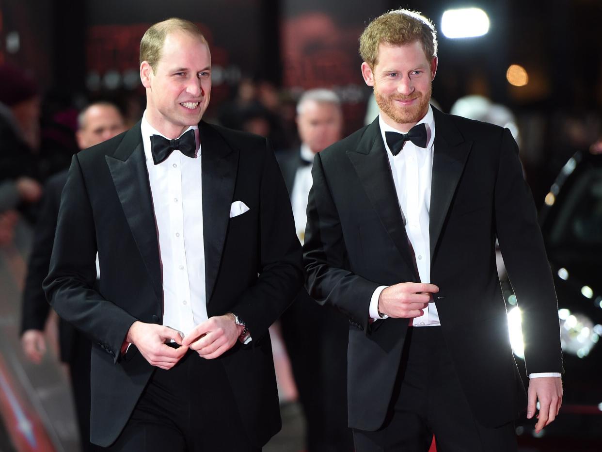 Prince William, Duke of Cambridge and Prince Harry attend the European Premiere of 'Star Wars: The Last Jedi' at Royal Albert Hall on December 12, 2017 in London, England