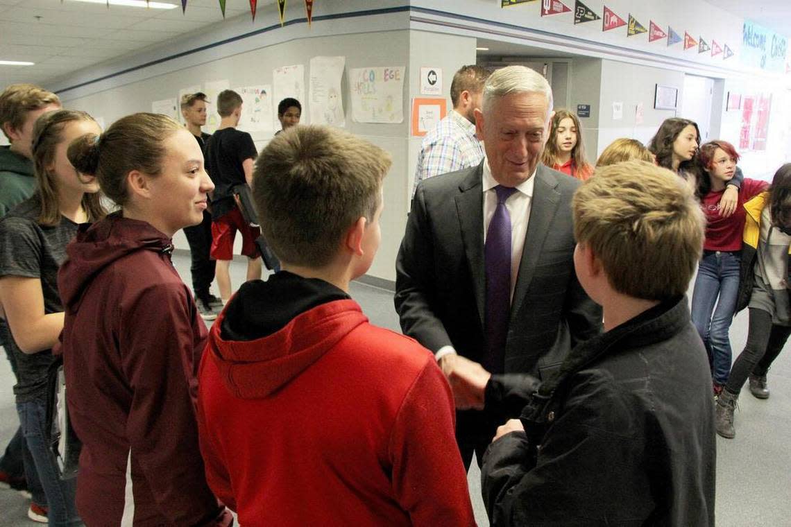 Richland native Gen. James Mattis is the inugural recipient of the Thomas S. Foley Award for Distinguished Public Service, given by the Foley Institute at Washington State University. In this file photo, the Richland native visits with students at a Columbia Basin Badger Club gathering.,