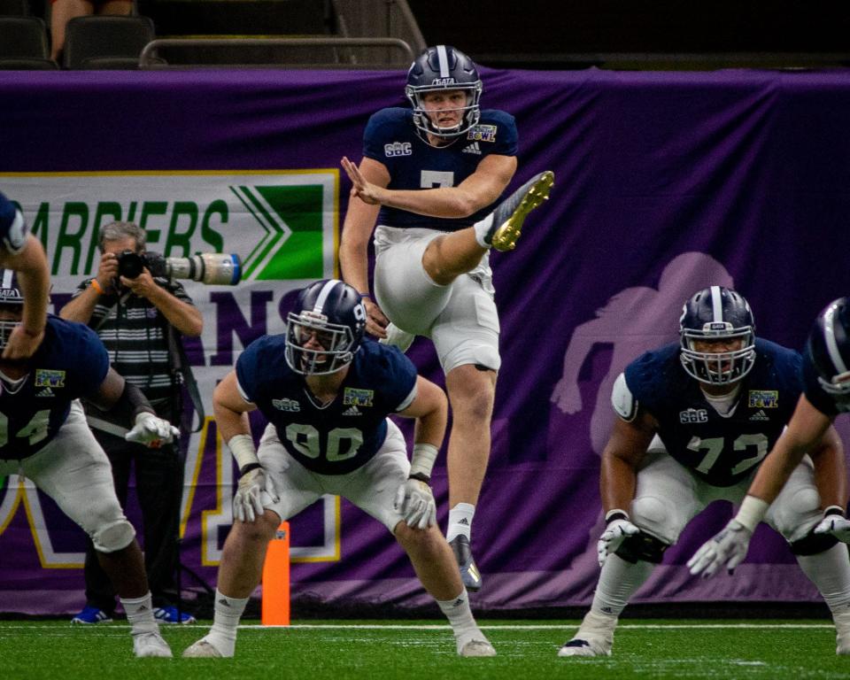 Georgia Southern punter Anthony Beck II (7), a South Effingham High School graduate, and the Eagles defeated the Louisiana Tech Bulldogs in the 2020 R+L Carriers New Orleans Bowl on Dec. 23, 2020.