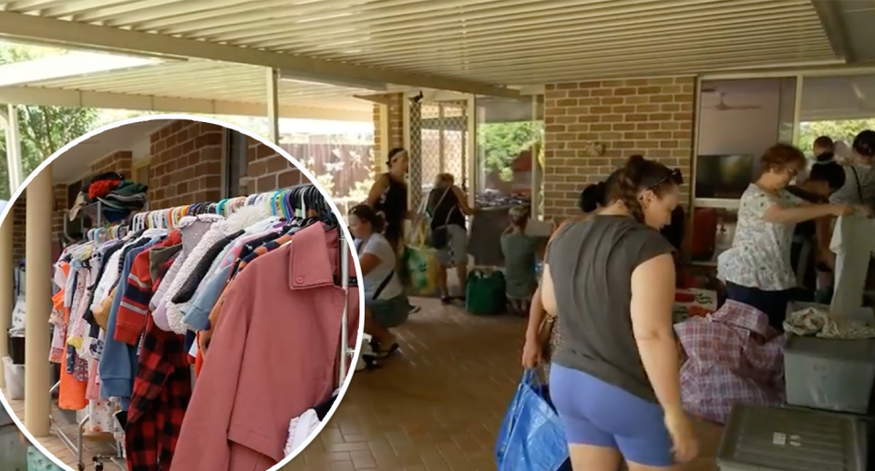 Racks of clothes and people at Narelle and Brian Jeffriess' charity Redlands Kids Clothes Swap. 