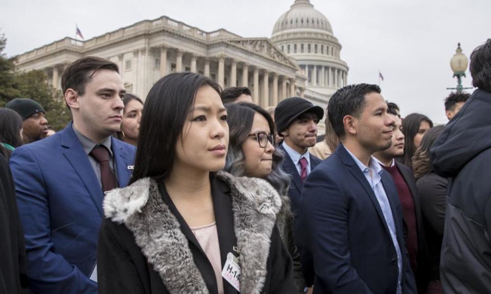 ‘Dreamers’, people brought to the US illegally as children, and other supporters of the Deferred Action for Childhood Arrivals program, listen as lawmakers speak at the Capitol in Washington on Wednesday.