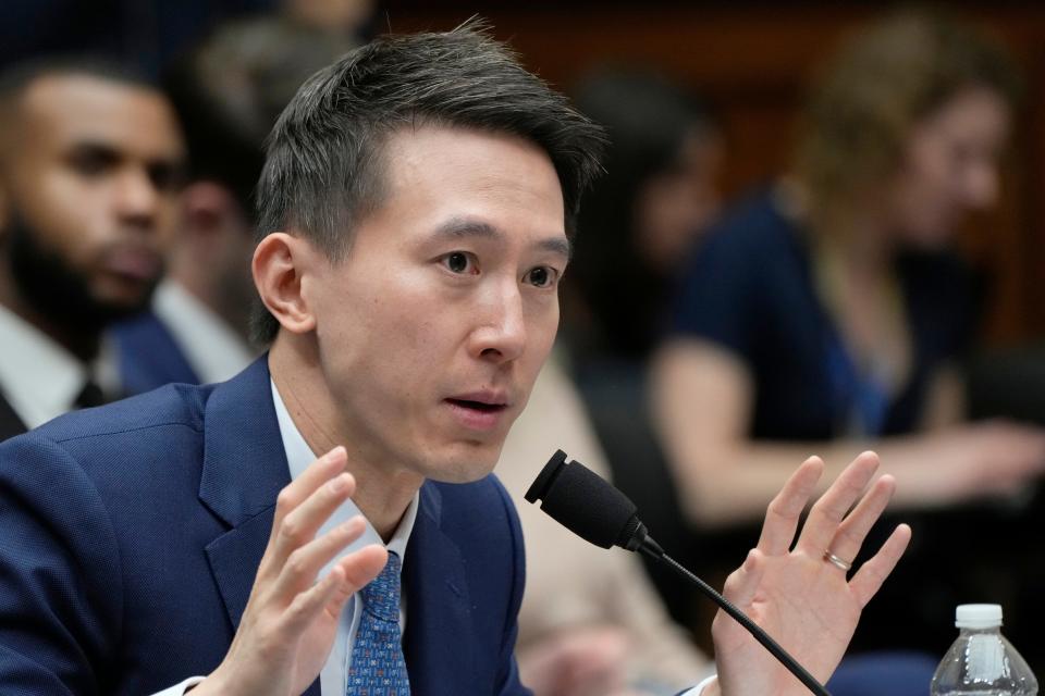 TikTok CEO Shou Zi Chew testifies during a hearing of the House Energy and Commerce Committee, on the platform's consumer privacy and data security practices and impact on children, Thursday, March 23, 2023, on Capitol Hill in Washington. (AP Photo/Jacquelyn Martin) ORG XMIT: DCJM312