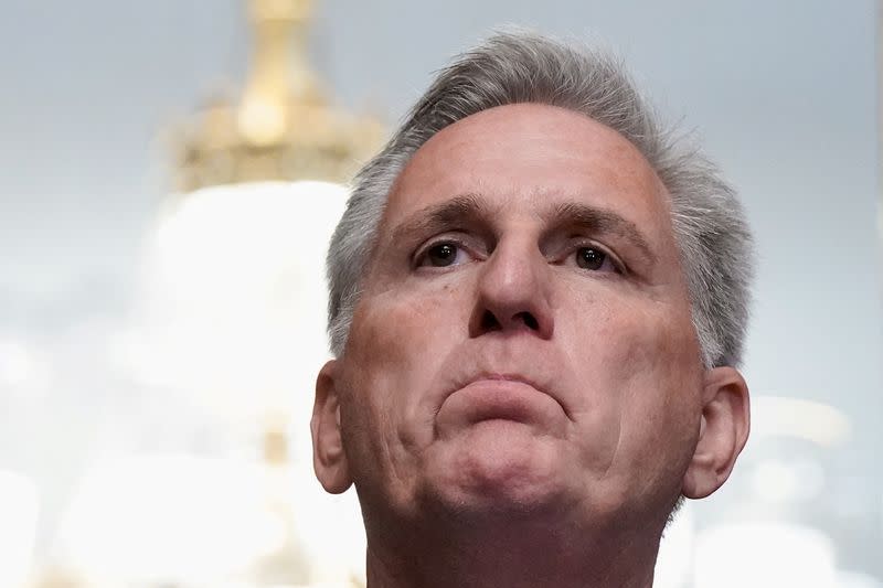 U.S. House Speaker Kevin McCarthy speaks to reporters in the U.S. Capitol after the House of Representatives passed a stopgap government funding bill to avert an immediate government shutdown, on Capitol Hill