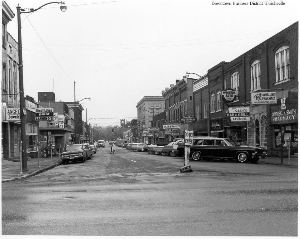 The sign for the former United Bank can be seen on the left in this photo of downtown Uhrichsville.