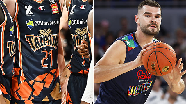 Cairns Taipans players are pictured left, with Isaac Humphries seen on the right.