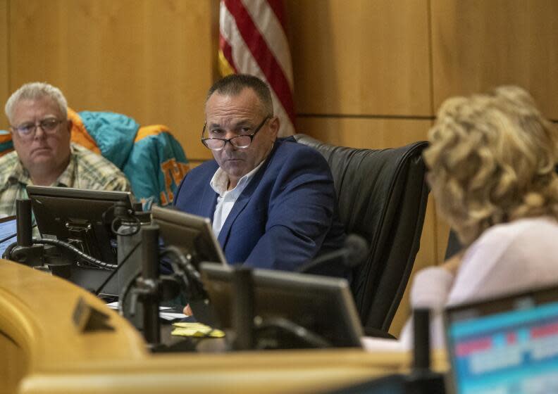 REDDING, CA-NOVEMBER 8, 2022: left to right-Shasta County Supervisors Tim Garman, Patrick Jones and Mary Rickert are photographed during the Shasta County Board of Supervisors regular meeting inside the Board Chambers in Redding. (Mel Melcon / Los Angeles Times)