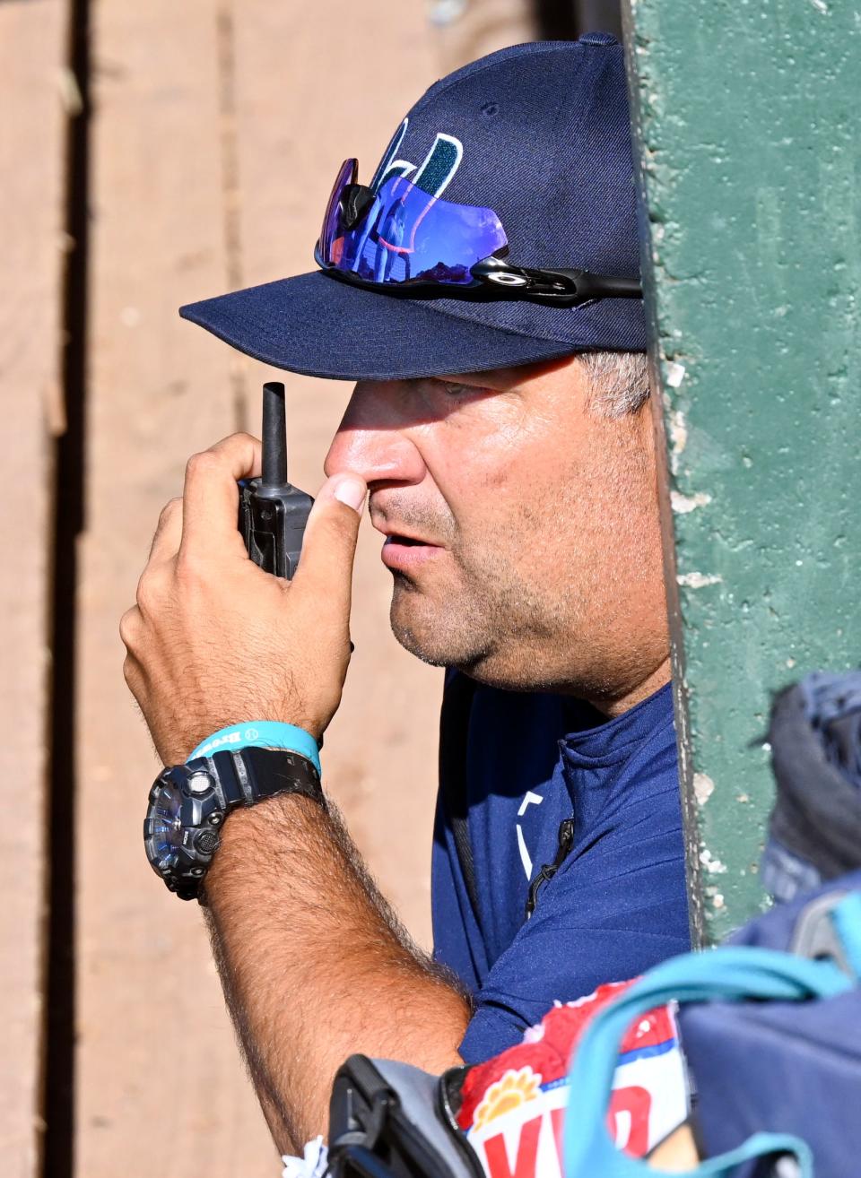 Calls to the catcher come from Brewster Whitecaps pitching coach Jason "Razz" Rathbun during the July 12 game against the Y-D Red Sox in South Yarmouth.