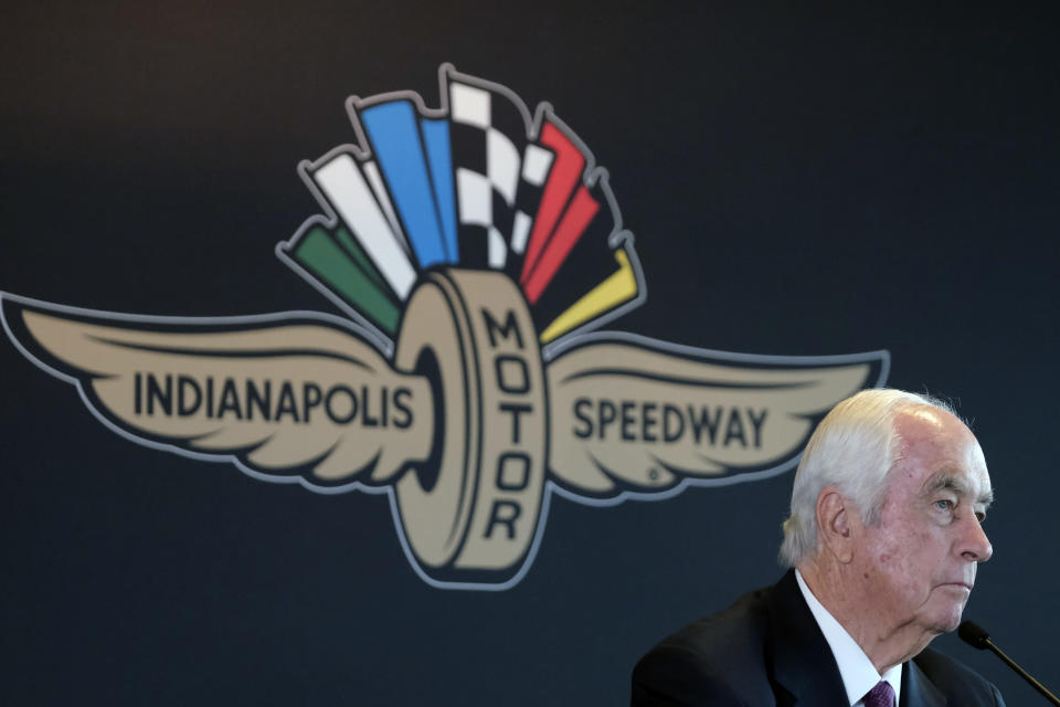 FILE - In this Nov. 4, 2019, file photo, Penske Corporation Chairman Roger Penske responds to a question about the sale of the Indianapolis Motor Speedway, IndyCar and related business from Hulman & Company to Penske Corporation at a news conference in Indianapolis. It is finally May and acceptable to declare this a crummy year for Roger Penske to have purchased Indianapolis Motor Speedway. (AP Photo/AJ Mast, File)
