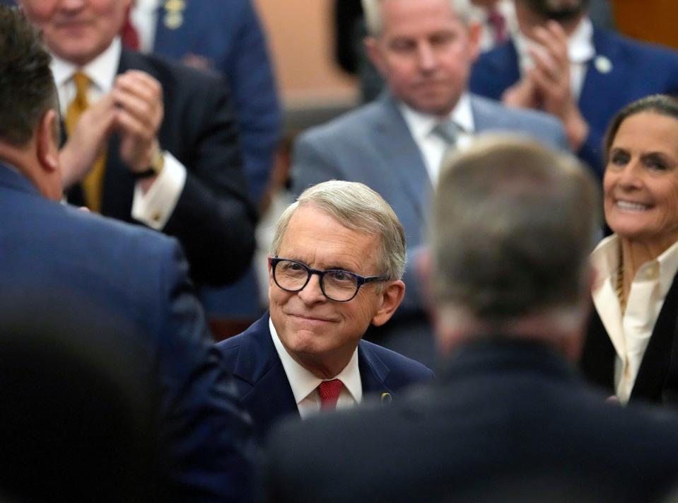 Ohio Governor Mike DeWine enters the chambers of the Ohio House of Representatives before delivering his State of the State address at the Ohio Statehouse earlier this year.