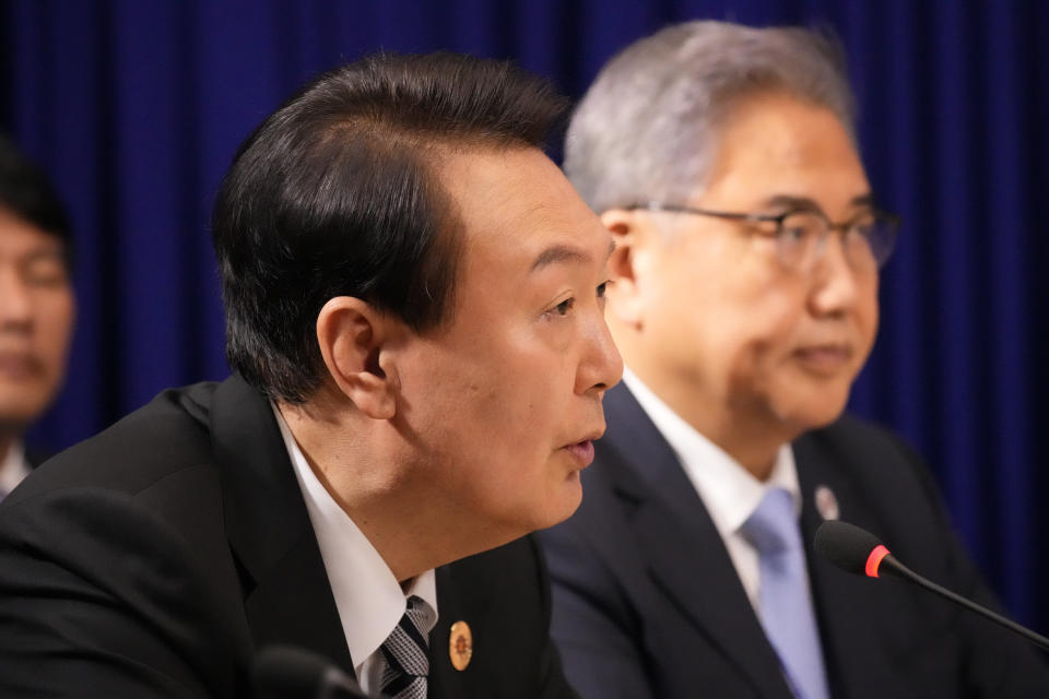 South Korean President Yoon Suk Yeol speaks during a meeting with U.S. President Joe Biden and Japanese Prime Minister Fumio Kishida on the sidelines of the Association of Southeast Asian Nations (ASEAN) summit, Sunday, Nov. 13, 2022, in Phnom Penh, Cambodia. (AP Photo/Alex Brandon)