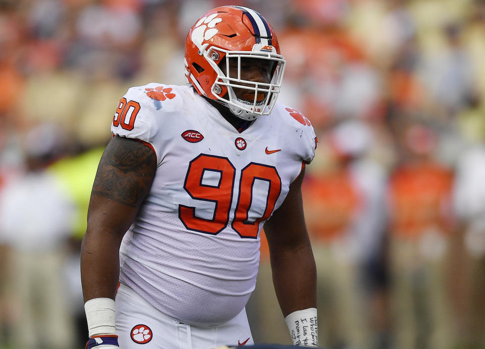 Clemson defensive tackle Dexter Lawrence (90) works against Georgia Tech during the first half of an NCAA college football game, Saturday, Sept. 22, 2018, in Atlanta. (AP Photo/Mike Stewart)