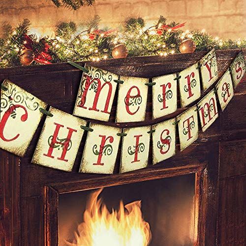 4) ORIENTAL CHERRY Merry Christmas Banner - Vintage Xmas Decorations Indoor for Home Office Party Fireplace Mantle