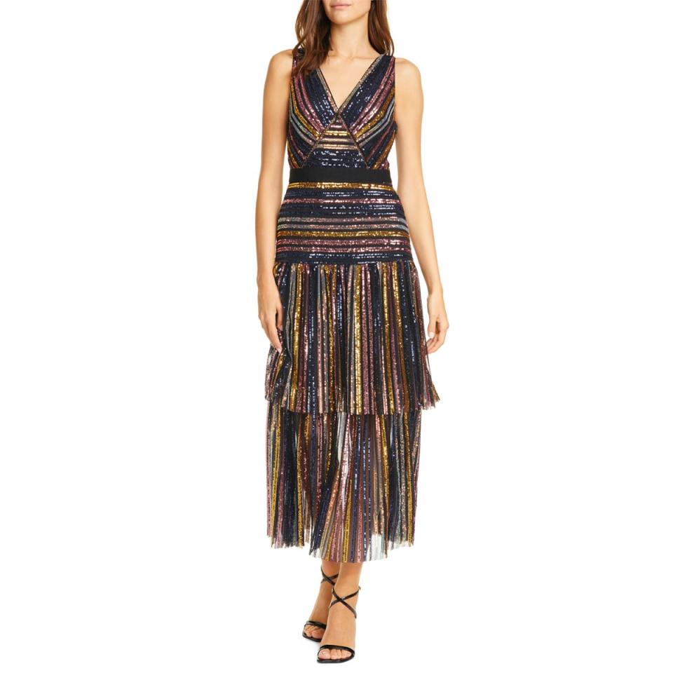 Self-Portrait Striped Sequined Tiered Midi Dress