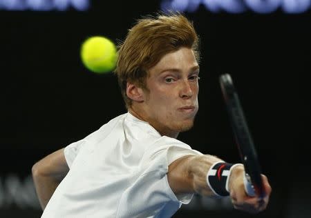 Tennis - Australian Open - Melbourne Park, Melbourne, Australia - 18/1/17 Russia's Andrey Rublev hits a shot during his Men's singles second round match against Britain's Andy Murray. REUTERS/Thomas Peter