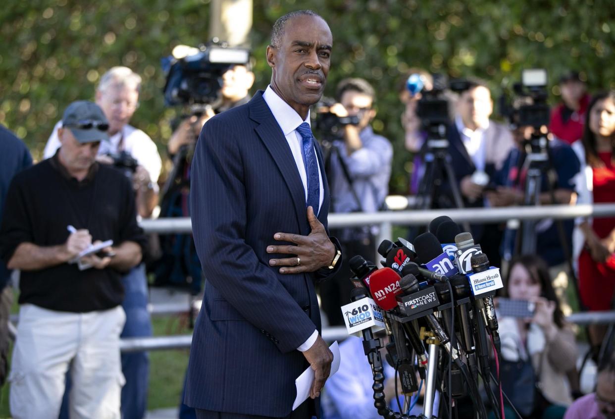 Superintendent of Broward Schools Robert Runcie speaks to the media on the one-year anniversary of the mass shooting at Marjory Stoneman Douglas High School in Parkland, Fla., on Thursday, Feb. 14, 2019. 